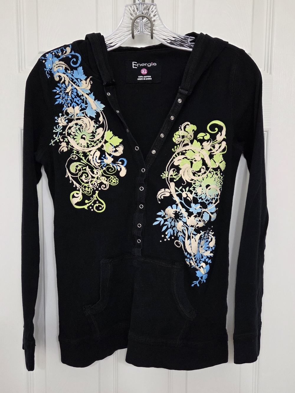 Vintage Y2K Energie Black Ribbed Thermal Floral Snap Henley Hoodie Top XL